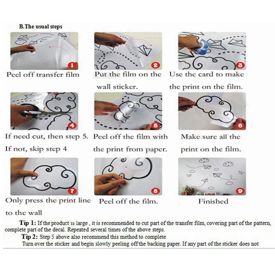 Instructions showing the steps to apply waterproof vinyl decals onto a wall using a transfer film and card.