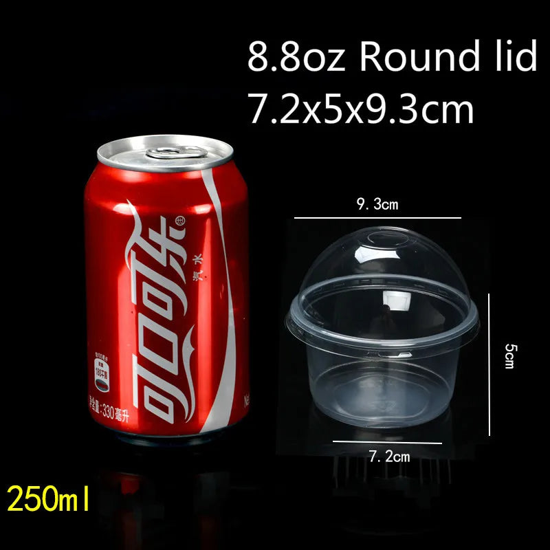 A red aluminum can with a round lid and a clear plastic dessert cup shown next to its dimensions.