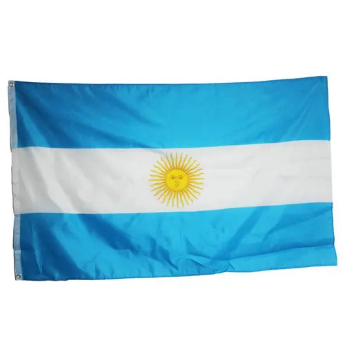 A horizontal flag with three stripes of blue and white, featuring a yellow sun in the center.