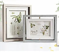 A set of rustic wooden photo frames in various sizes for tabletop or wall display.