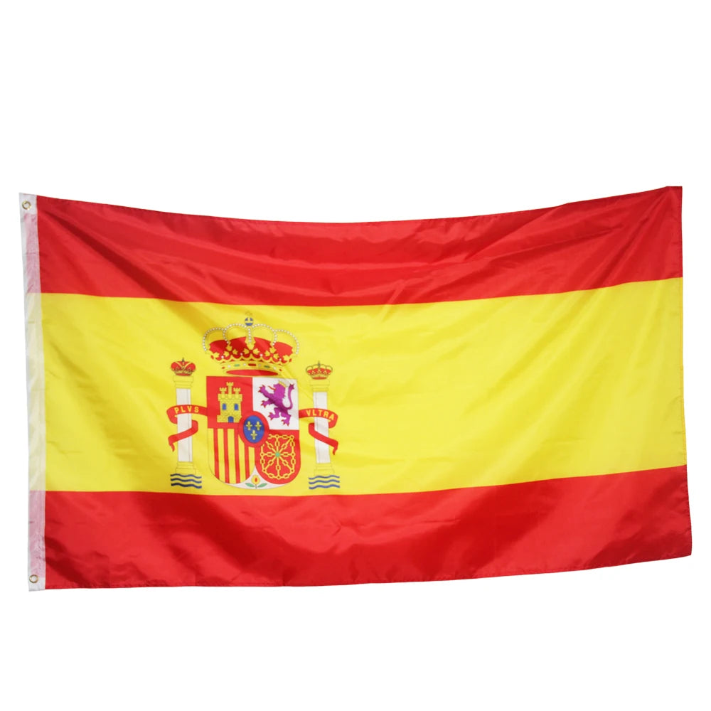 A vibrant red and yellow Spanish national flag made of durable polyester fabric.