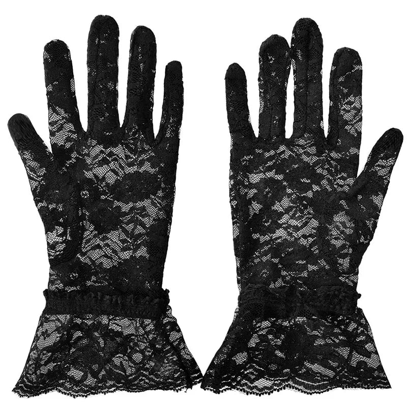 Pair of black vintage sheer lace gloves for parties and weddings