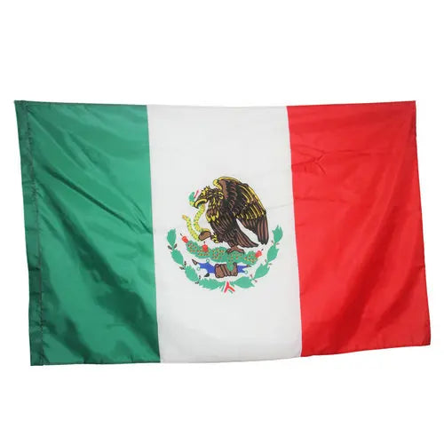 A vertical flag of Mexico featuring green, white, and red stripes with the national coat of arms.