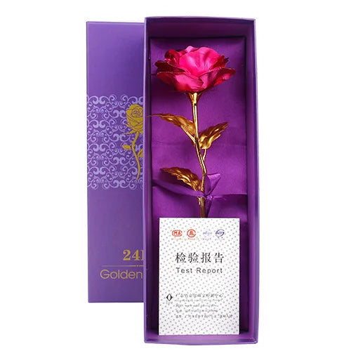 A test report for a 24k Gold Foil Artificial Rose Bouquet is displayed in a purple box.