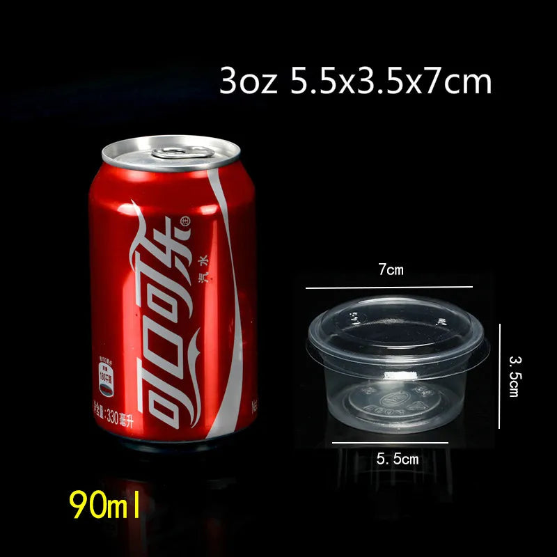 A red aluminum can of disposable dessert cups with lids, measuring 3oz and 90ml.