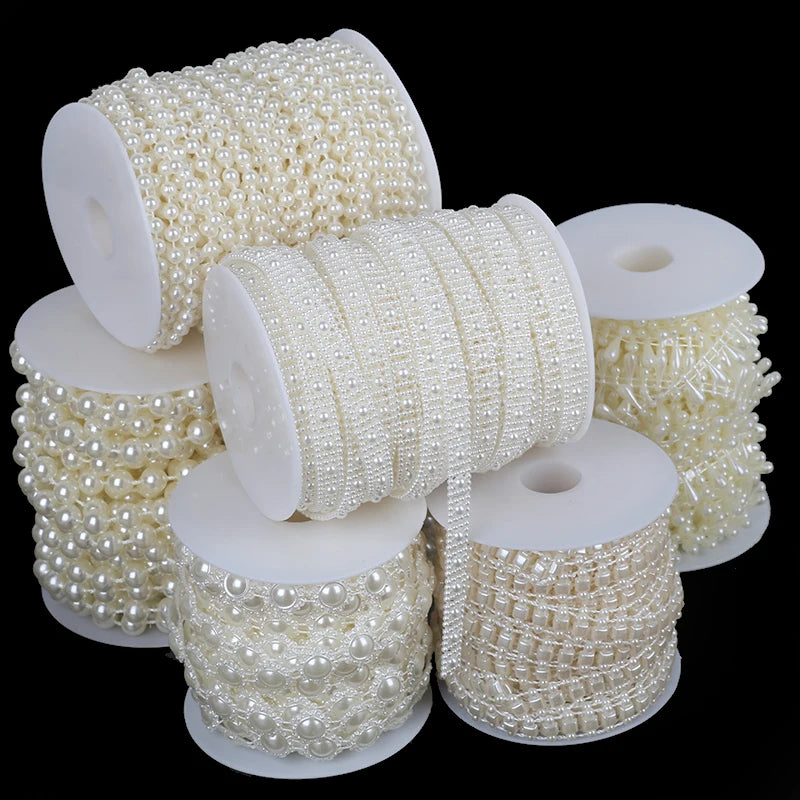 Rolls of ivory pearl beads used for wedding and event decoration