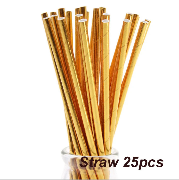 A bundle of 25 gold-colored straws standing upright in a clear glass container.