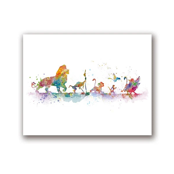 Aquarellmalerei eines Löwen und einer Giraffe in dynamischem, farbenfrohem Stil.