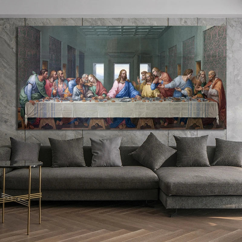 A painting of The Last Supper featuring apostles gathered around a table on a wall.