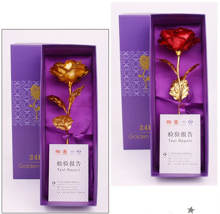 A purple box containing a gold foil artificial rose, presented as a test report.