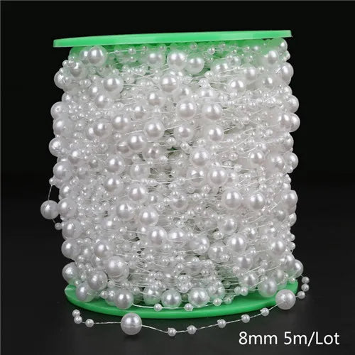 A spool of white ivory pearl beads used for garland decoration, packaged with a 8mm 5m lot.
