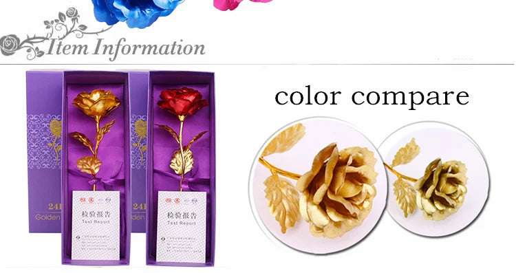 Three boxes of 24k gold foil artificial roses displayed next to a comparison of real gold-colored roses.