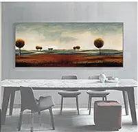 A horizontal painting featuring a landscape of rolling hills under a pale sky.
