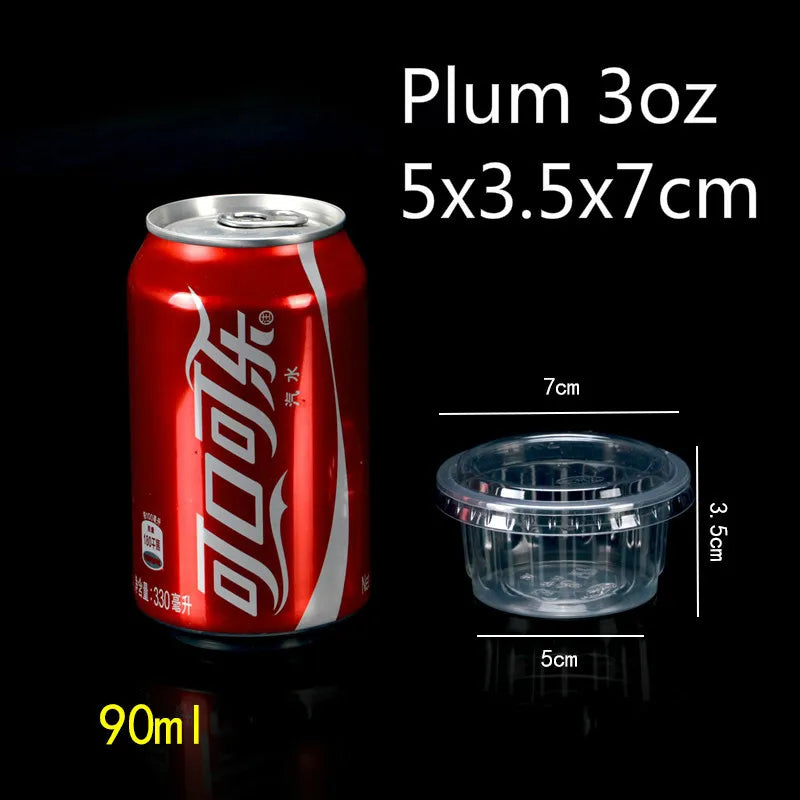 A red aluminum can of Plum juice with a clear plastic dessert cup and lid shown next to it.