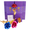 A bouquet of artificial roses with gold foil accents displayed in purple packaging.