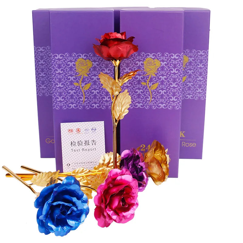 A bouquet of artificial roses with gold foil accents displayed in purple packaging.