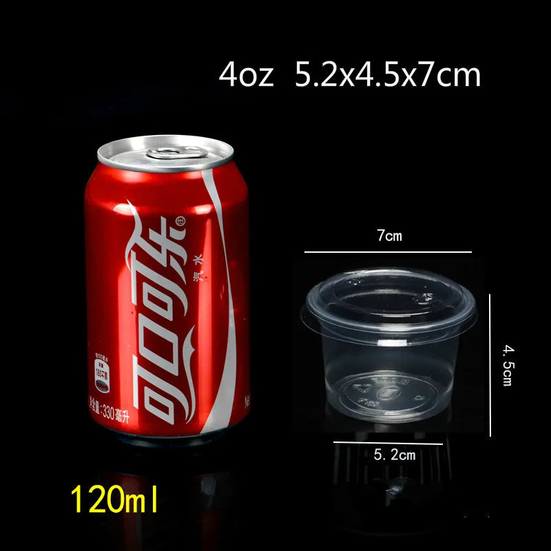 A red aluminum can labeled 4oz 5.2x4.5x7cm next to a clear plastic dessert cup with a lid.