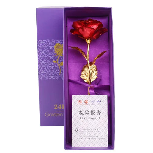 A box containing a single red rose and a test report for a 24k Gold Foil Artificial Rose Bouquet