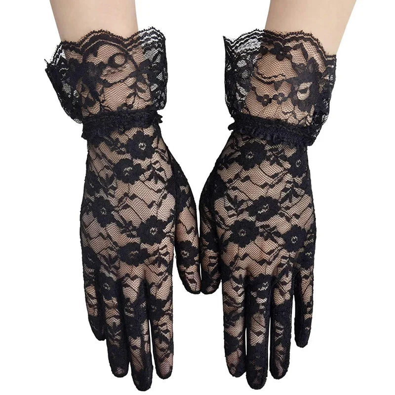 Pair of black sheer lace gloves with ruffled cuffs for women