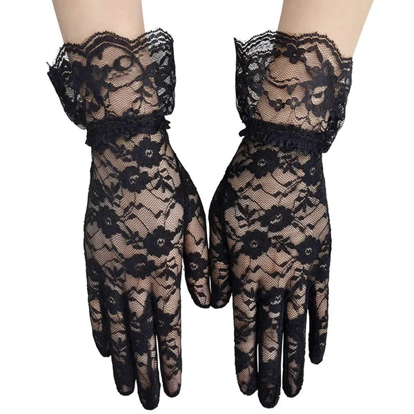 Pair of black sheer lace gloves with ruffled cuffs for women