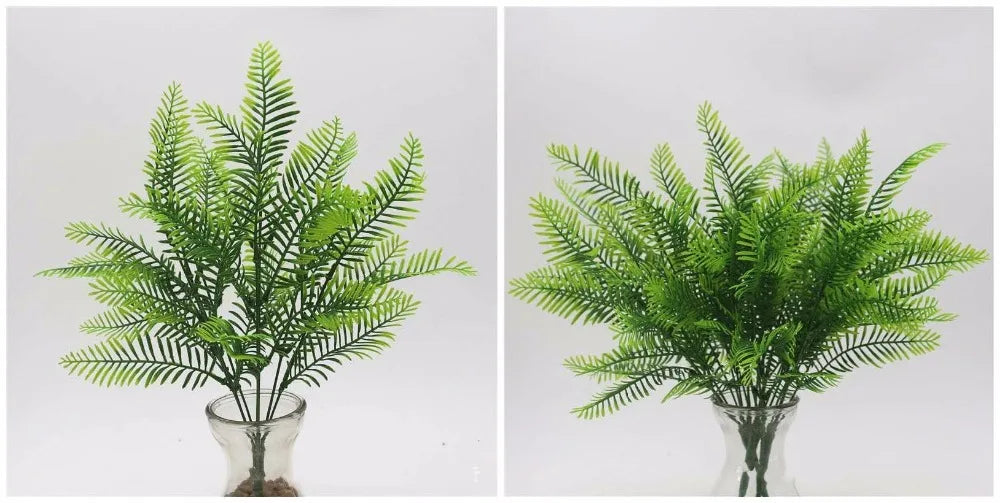 Two images of lifelike artificial fern and leaf sprigs in clear glass vases.