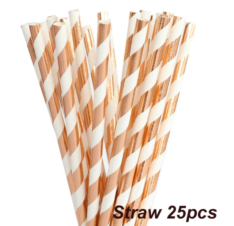A bundle of 25 clear and gold striped straws for parties