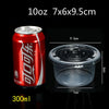 A red aluminum can labeled 10oz and 300ml next to a clear plastic dessert cup with a lid.