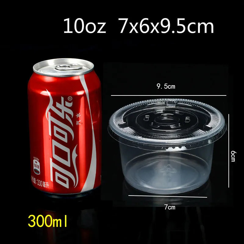 A red aluminum can labeled 10oz and 300ml next to a clear plastic dessert cup with a lid.