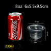 A red aluminum can labeled with Chinese characters and a clear plastic dessert cup with a lid shown next to its dimensions.