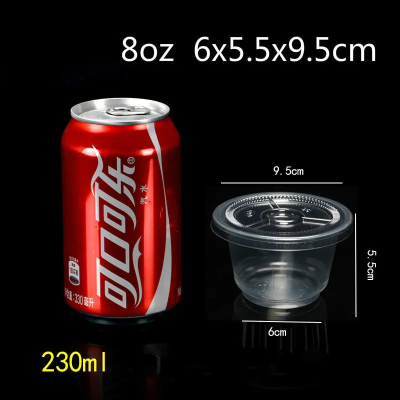 A red aluminum can labeled with Chinese characters and a clear plastic dessert cup with a lid shown next to its dimensions.
