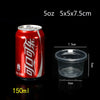 A can of 5oz liquid next to a clear plastic dessert cup with a lid, showing product dimensions.