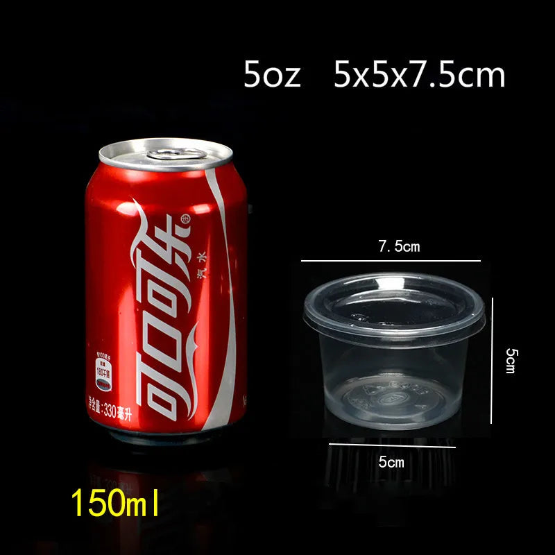 A can of 5oz liquid next to a clear plastic dessert cup with a lid, showing product dimensions.