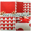 Red Mickey Mouse vinyl cutting decal shown in various applications and close-up detail.