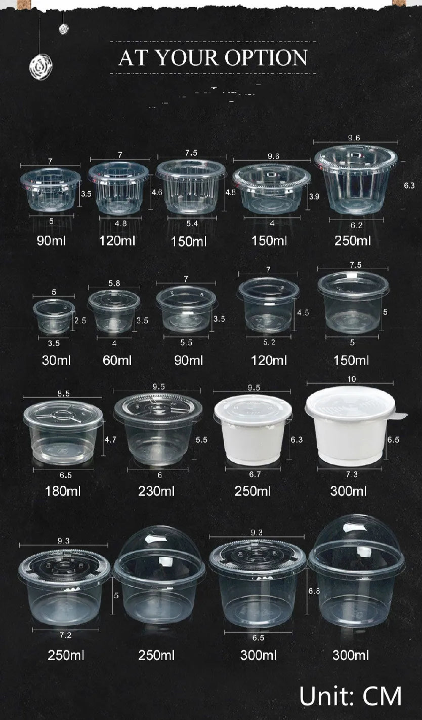 A collection of clear disposable dessert cups with lids shown in various sizes and angles.
