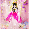 A detailed photo of a princess ball-jointed doll with elaborate makeup and a pink gown surrounded by floral elements.