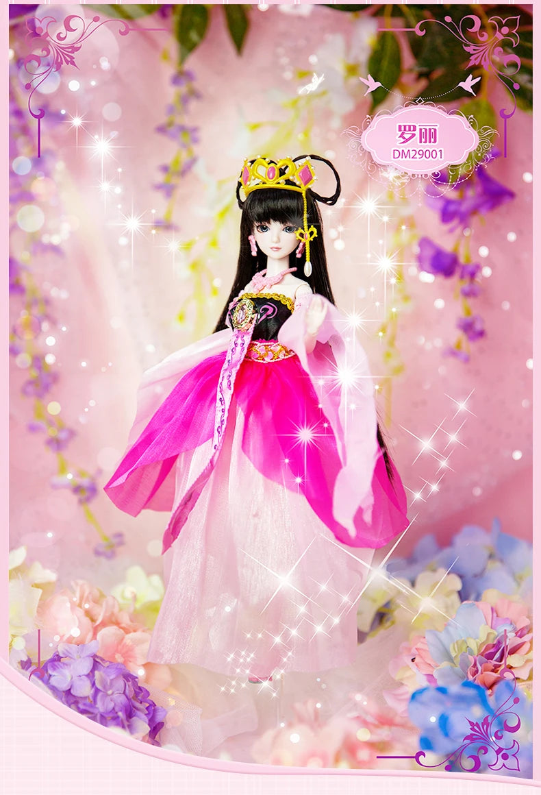 A detailed photo of a princess ball-jointed doll with elaborate makeup and a pink gown surrounded by floral elements.