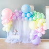 A colorful balloon arch decoration featuring pastel pink, blue, and green balloons for a party.