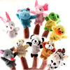 A collection of plush animal finger puppets including a blue bear, pink rabbit, green frog, yellow duck, and a black panda.
