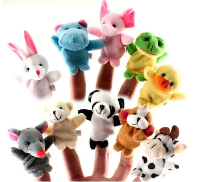 A collection of plush animal finger puppets including a blue bear, pink rabbit, green frog, yellow duck, and a black panda.