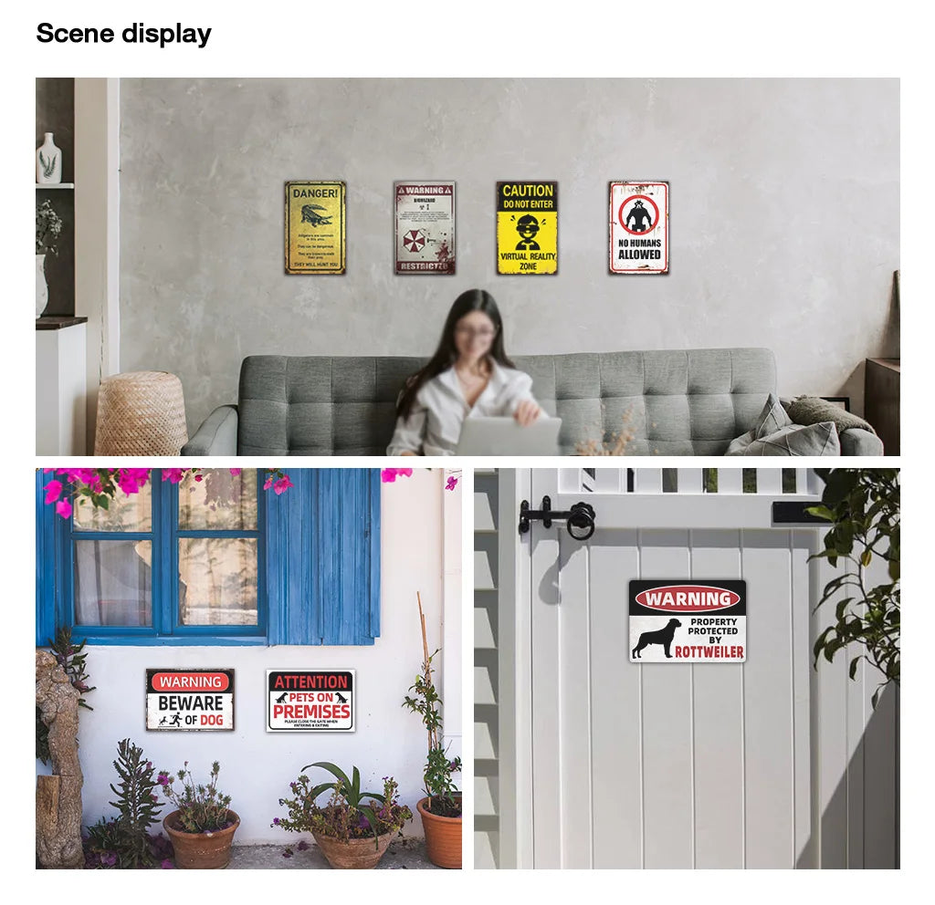 A display of various vintage warning metal signs on a wall and a sign on a white door.