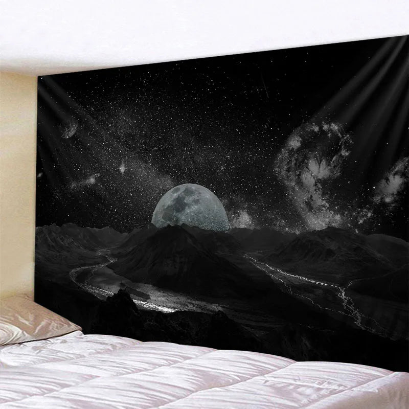 A dark tapestry depicting a moon and nebulas against a starry night sky.