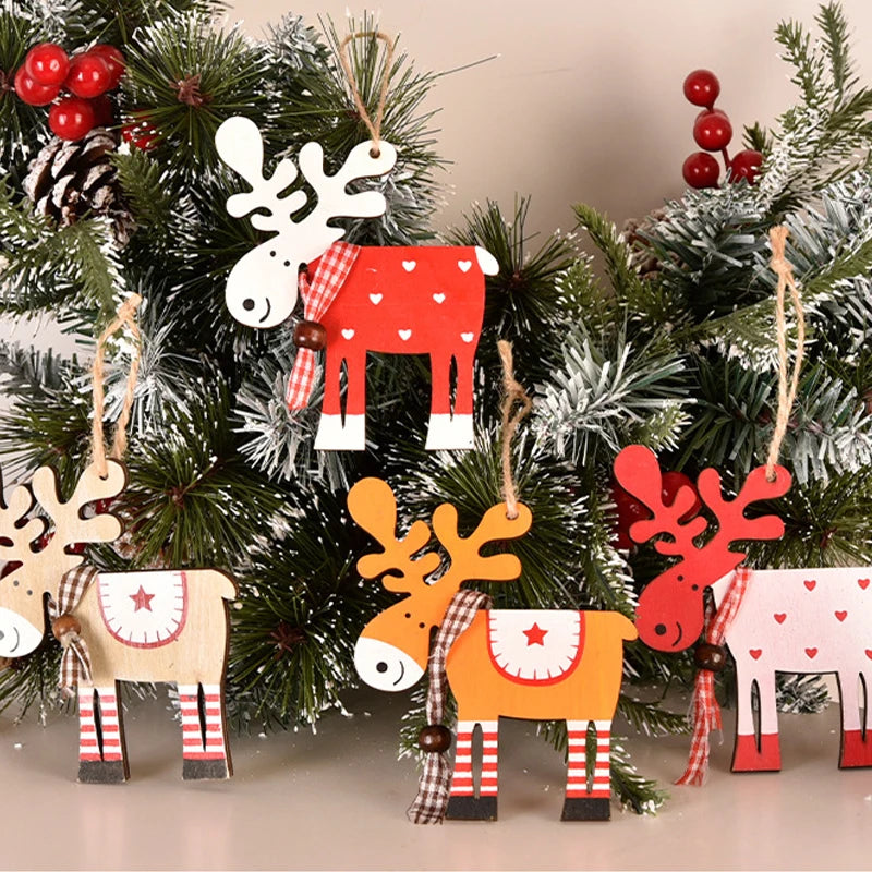 Hand-painted wooden deer ornaments in red, orange, and white for festive Christmas tree décor