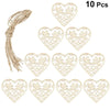A set of 10 light wood heart-shaped hanging ornaments with intricate cutouts.