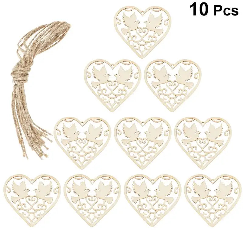A set of 10 light wood heart-shaped hanging ornaments with intricate cutouts.