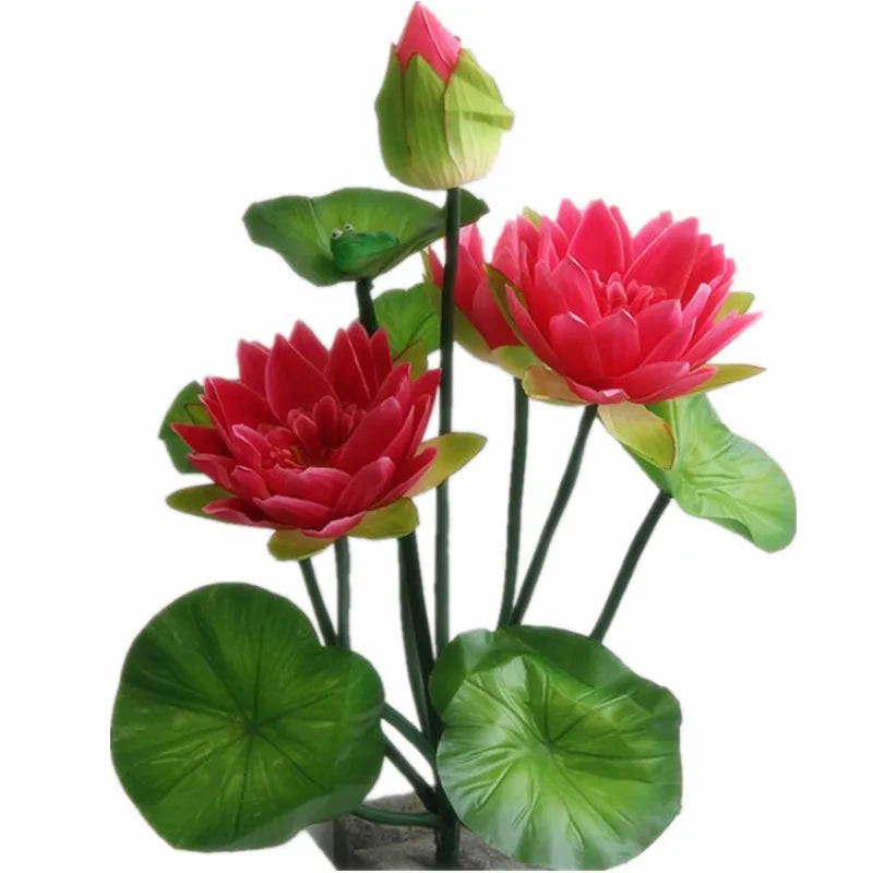 Artificial lotus flower bunch with green frog accent featuring vibrant red and green petals.