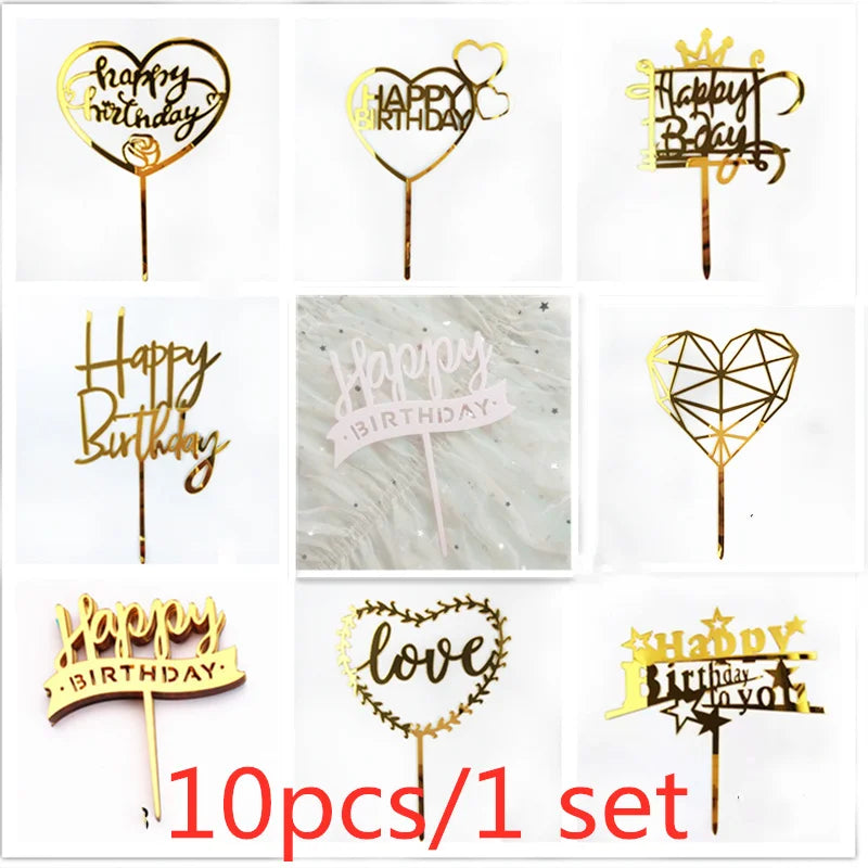 A set of ten gold acrylic love happy birthday cake toppers featuring various designs and text