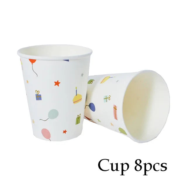Eight disposable paper cups with colorful cartoon designs for parties and celebrations