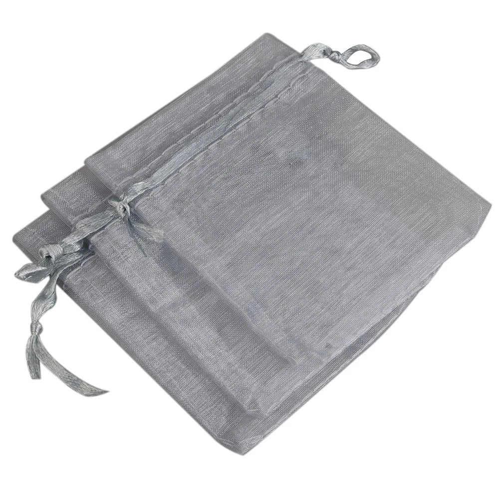 Gray organza drawstring gift pouches for jewelry, candy, or party favors