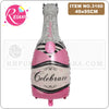 Pink and black foil champagne bottle balloons with a celebrate design for parties