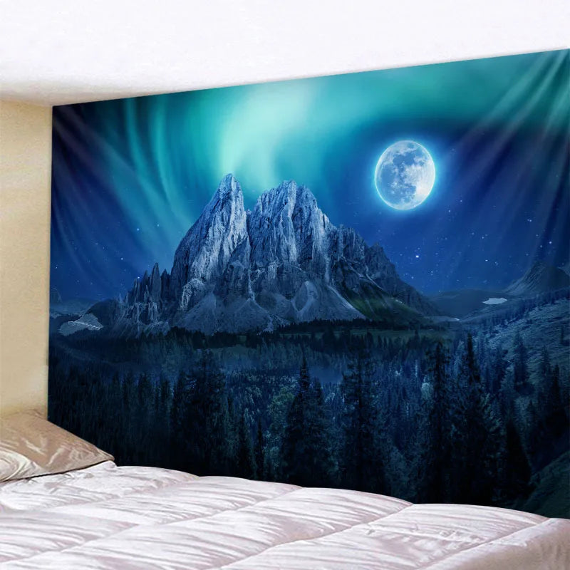 A tapestry depicting a mountain landscape under a vibrant green aurora and a bright full moon in a dark night sky.